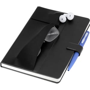 A black notebook featuring a pen, earphones, and an elastic band for holding accessories.