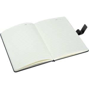 A black notebook with lined pages, featuring a ribbon bookmark and an open layout.