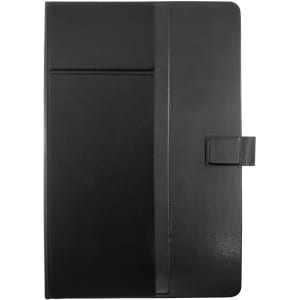 A black notebook with a sleek cover featuring a pocket and a fastening strap. Designed for remote work.