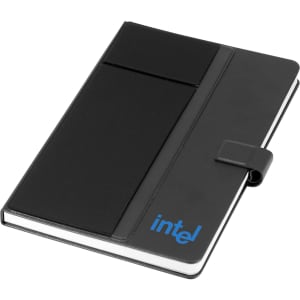 A black notebook with a textured cover, featuring a pocket and a logo on the front.