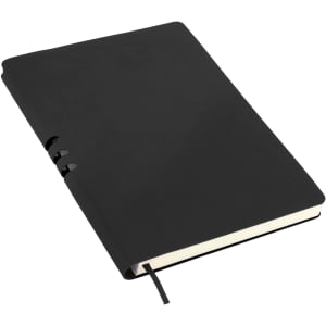 A black A5 notebook with a smooth cover, featuring an elastic strap and a ribbon bookmark.