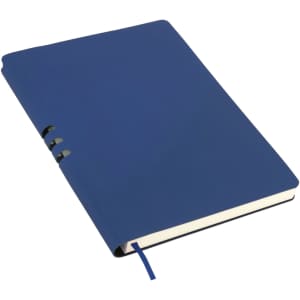 A navy blue A5 notebook featuring a smooth cover and a ribbon bookmark, with a branded logo on the front.