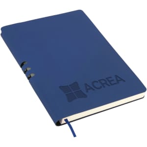 A navy A5 notebook with a textured cover, featuring a logo and a matching blue ribbon bookmark.
