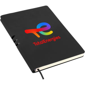 A black A5 notebook featuring a logo on the cover and a ribbon marker.