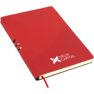 A red A5 notebook with a smooth cover, featuring a logo and a ribbon bookmark.