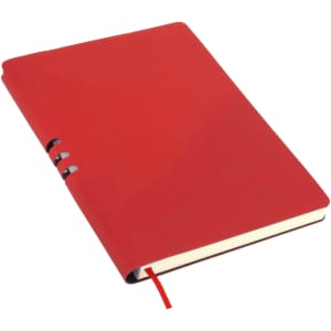 A red A5 notebook with a sleek design and a ribbon bookmark, featuring a logo on the cover.
