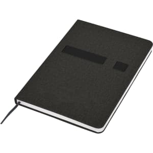A dark grey A5 notebook with a textured cover and an elastic band closure. It has a bookmark ribbon.