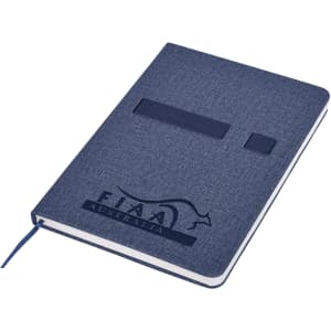 A navy A5 notebook with a fabric cover, featuring an elastic band and a logo on the front.