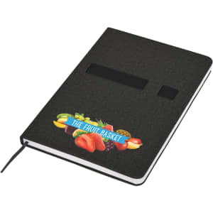 A black Oslo A5 notebook featuring a colourful fruit graphic and an elastic band closure.
