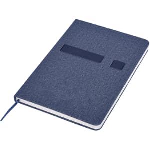 A navy blue A5 notebook with a textured cover and an elastic band closure, featuring a ribbon bookmark.