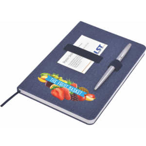 A navy A5 notebook with an elastic band, a pen, and a business card holder on the cover.