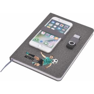 A grey A5 notebook with a phone holder and USB drive, featuring an illustration of a football player.