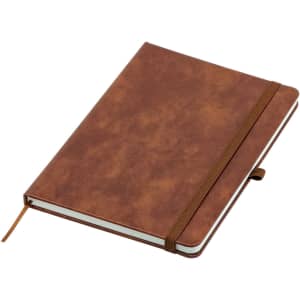 A brown A5 notebook with a textured cover, featuring an elastic band closure and a ribbon bookmark.
