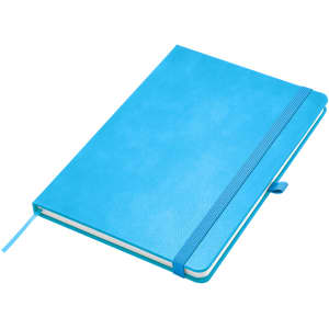 Apex A5 Notebook in bright blue with a textured cover, featuring an elastic band and ribbon bookmark.