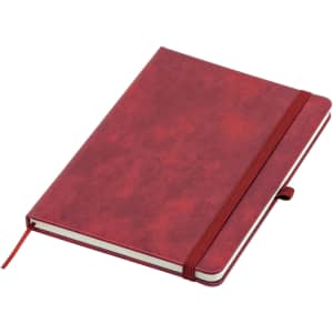 A red Apex A5 notebook with a textured cover and an elastic closure. It includes a matching bookmark ribbon.