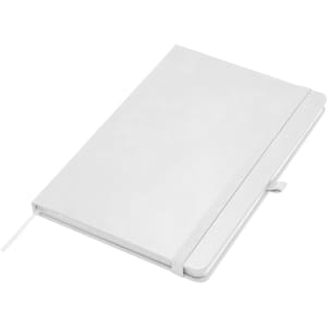 Apex A5 Notebook in white, featuring a flexible cover, elastic band closure, and ribbon bookmark.
