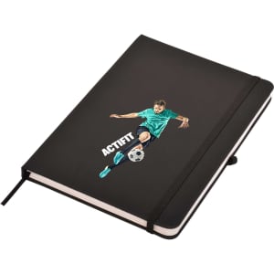 A black A5 notepad featuring a football-themed design of a player in action, with an elastic closure and band.