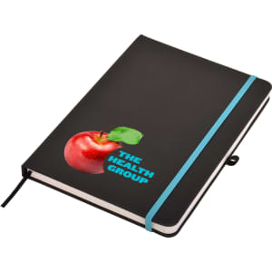A black A5 notepad with an elastic band and a graphic of a red apple. It features a logo on the cover.