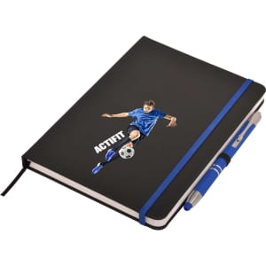 A black A5 notepad featuring a soccer player graphic, accompanied by a blue pen and elastic band.