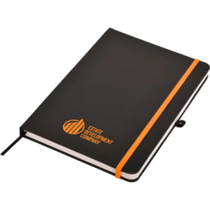 A black A5 notepad with an elastic orange band and a logo on the cover. It features a classic design suitable for business use.