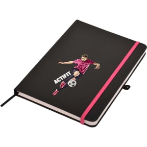 A black A5 notepad features a pink elastic closure and an illustration of a player kicking a soccer ball.