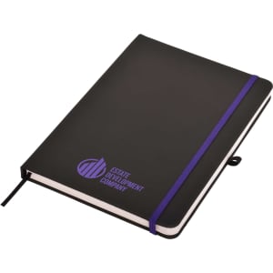 A black A5 notepad with a purple elastic band and a logo on the cover. It features a ribbon bookmark.