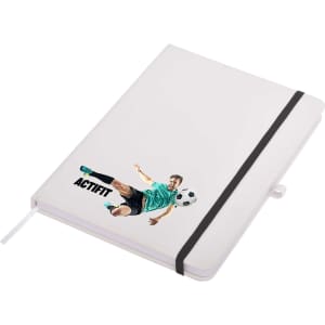 A white A5 notepad with an image of a soccer player and a black elastic band. It features a logo on the front.