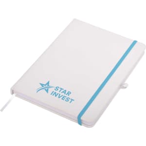 A white A5 notepad with a blue elastic band and a logo. The notepad is closed with a ribbon bookmark.