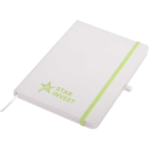 A white A5 notepad with a green elastic band and a logo on the cover.