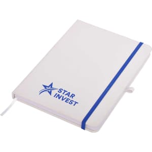 A white A5 notepad with a blue elastic band and a logo on the cover.
