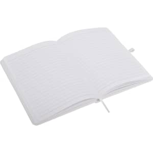 An open A5 notepad with lined pages, featuring a ribbon bookmark and a plain cover.