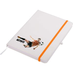 A white A5 notepad with an orange elastic band and a soccer player graphic, featuring a logo on the cover.