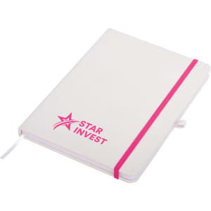A white A5 notepad with a pink elastic band and a logo on the cover.