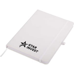 A white A5 notepad with an elastic closure and a logo on the cover, featuring a minimalist design.