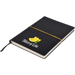 A black A5 notepad with a yellow elastic band and a logo featuring a slice of citrus on the cover.