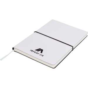 A white A5 notepad with a black elastic band and a logo on the cover. The pages are blank inside.