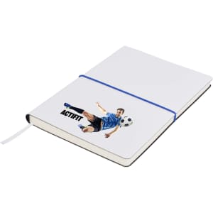 A white A5 notepad featuring an illustration of a soccer player and a blue elastic band closure.