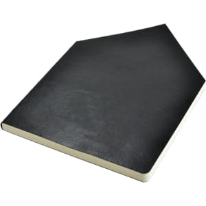 A black A5 notebook with a textured cover and a slight angle at one corner. It has a logo on the front.