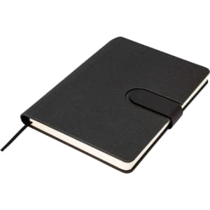 A black A5 notebook with a textured cover, a matching strap closure, and an attached ribbon bookmark.