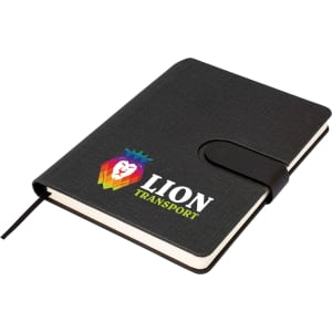 A black A5 notebook with a textured cover, featuring a logo and an elastic strap closure.