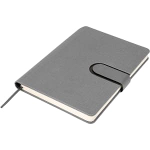 A grey A5 notebook with a textured cover and an elastic band closure. It includes a ribbon marker.