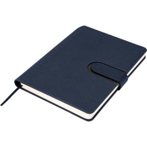 A navy A5 notebook with a textured cover and an elastic closure, featuring a ribbon bookmark.