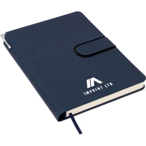 A navy A5 notebook with a textured cover, an elastic band, and a ribbon bookmark. It features a logo on the front.