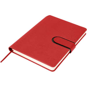 A red A5 notebook with a textured cover and an elastic closure, featuring a ribbon bookmark.