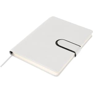 A light grey A5 notebook with a textured cover and an elastic closure, featuring a bookmark ribbon.