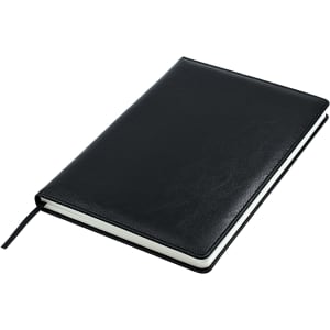 A black A5 notebook with a textured cover and a ribbon bookmark. The pages are white and unmarked.
