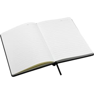 An open black A5 notebook featuring lined pages and a ribbon marker.