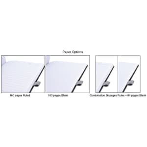 An A5 notebook with a matte finish, featuring various paper options: ruled, blank, and a combination of both.