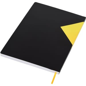 A black A5 notebook with a yellow geometric design and a yellow ribbon bookmark. It has a logo on the cover.