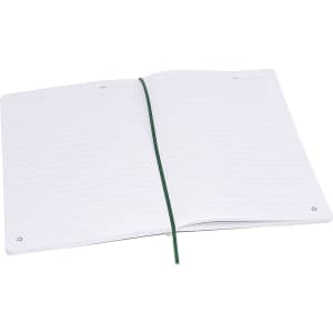 A blank A5 notebook with lined pages, featuring a green elastic closure. It has a simple design with no visible branding.